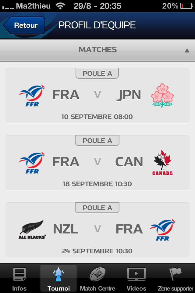 Rugby World Cup 2011 New Zealand - Matches Equipe [iPhone]