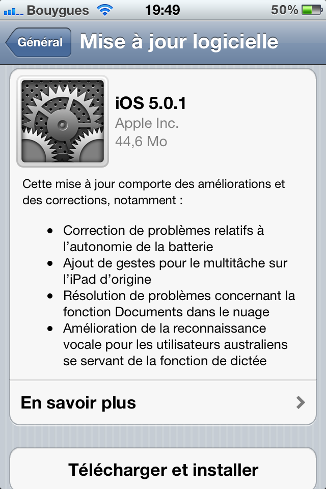 Mise à jour OTA iOS 5.0.1 suite