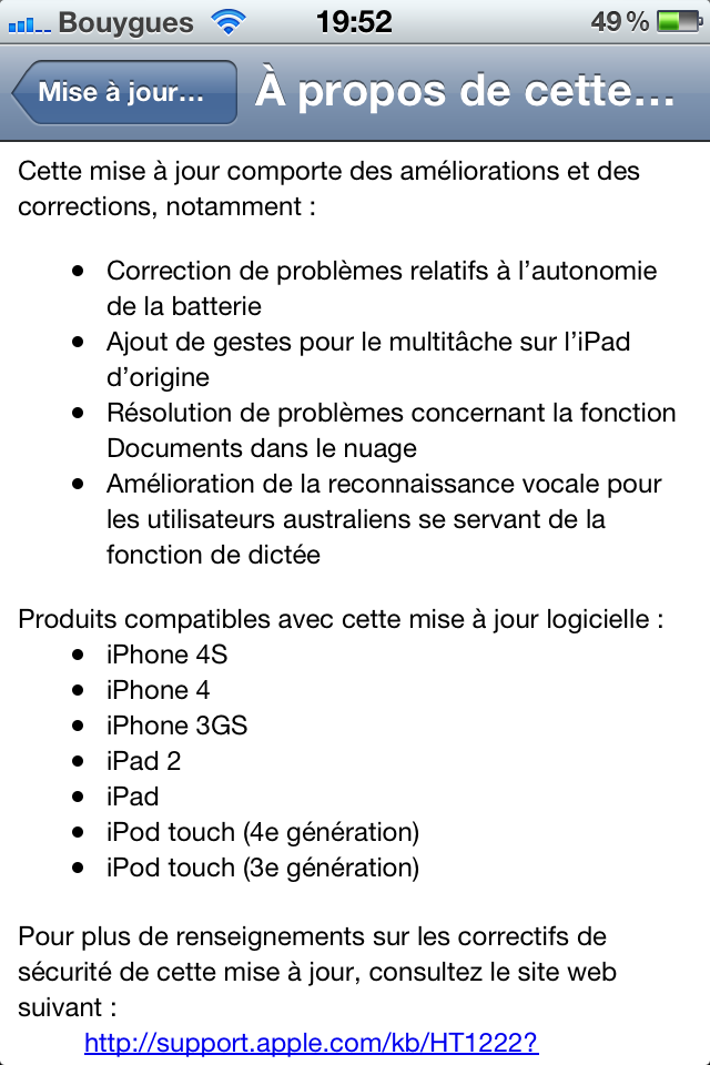 Infos mise à jour iOS 5.0.1