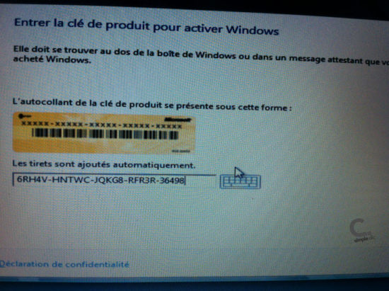 Windows 8 étape 5 clé d'activation