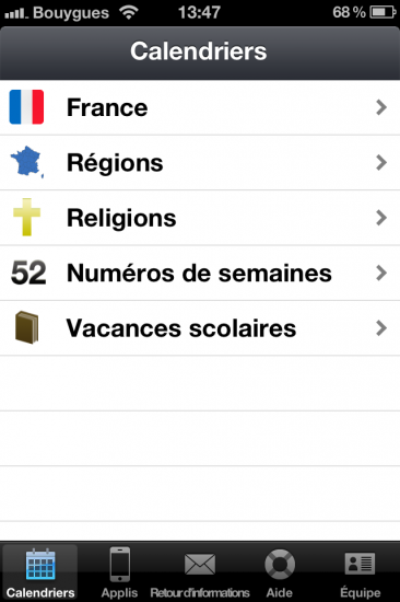 Jours fériés iOS accueil