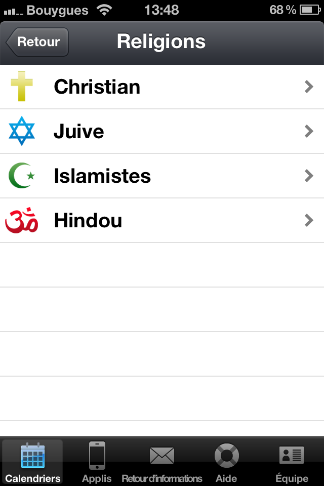 Jours fériés iOS choix religion
