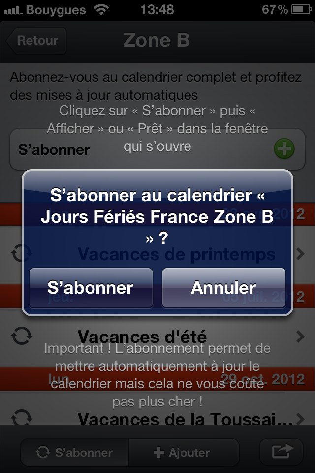 Jours fériés iOS validation de l'abonnement