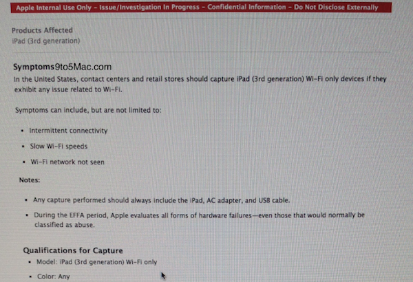 note interne AppleCare Problèmes Wifi Nouvel iPad