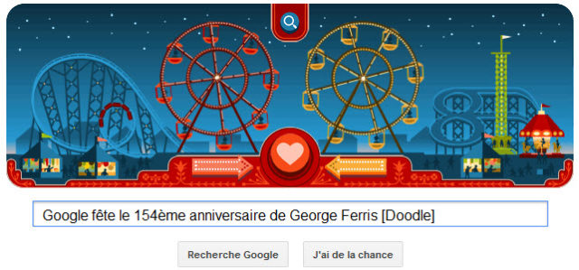 Google fête la St Valentin mais aussi le 154ème anniversaire de Georges Ferris [Doodle]