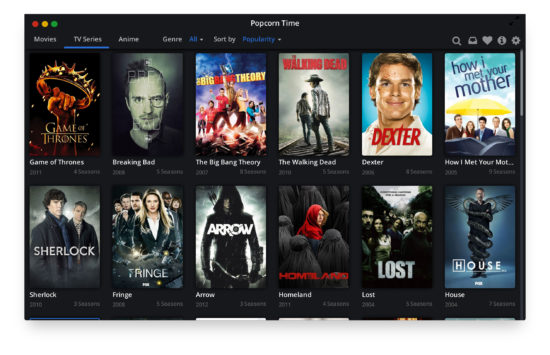 Popcorn Time, interface séries, Waou !