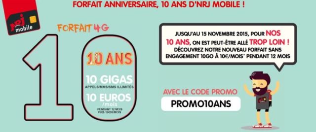 NRJ Mobile propose un forfait tout illimité avec 10 Go d'internet en 4G à 10€/mois pendant 12 mois!