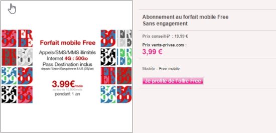 Free lance une promo Free Mobile sur vente-privée : forfait à 3,99€ par mois pendant 1 an