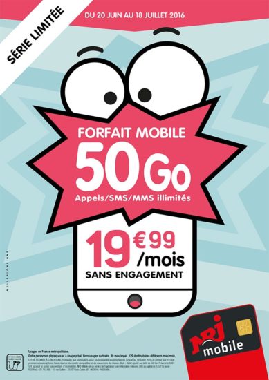 Le MVNO EI Telecom (NRJ Mobile) propose un forfait série limitée 50Go pour 19,99€ par mois