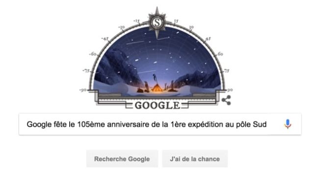 Google fête le 105ème anniversaire de la première expédition au pôle Sud [#Doodle]