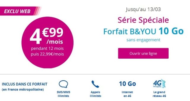 Le forfait B&You 10 Go à 4,99€/mois pendant 1 an