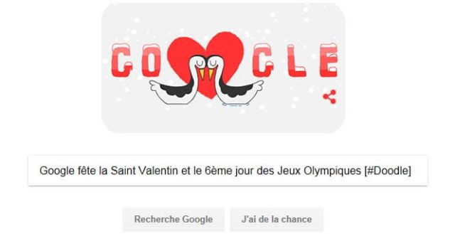 Google fête la Saint Valentin et le 6ème jour des Jeux Olympiques d'Hiver [#Doodle]