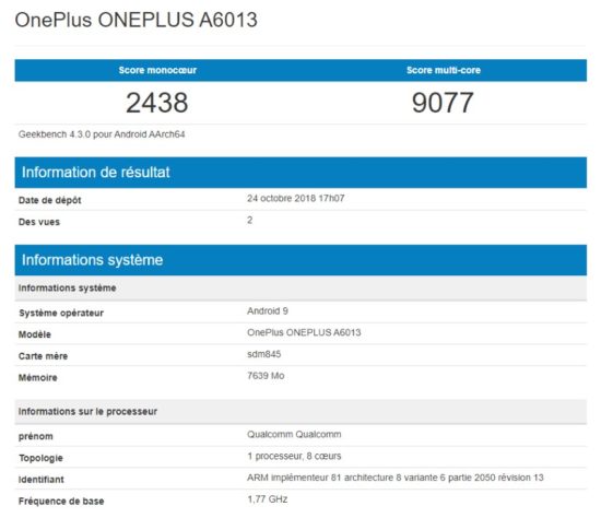 Le OnePlus 6T est déjà passé dans les mains de Geekbench et d'AnTuTu