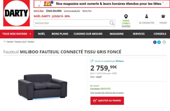 Le canapé connecté Miliboo est dispo chez Fnac / Darty