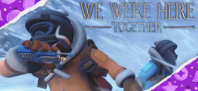 we-were-here-together-jeu-gratuit-epic-games-store We were here together : Deux explorateurs équipés de parkas et de talkies-walkies face au château mystérieux de Castle Rock dans la neige