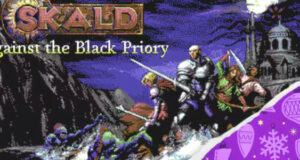 n groupe d'aventuriers en pixel-art explore une abbaye dans le jeu de rôle SKALD Against the Black Priory