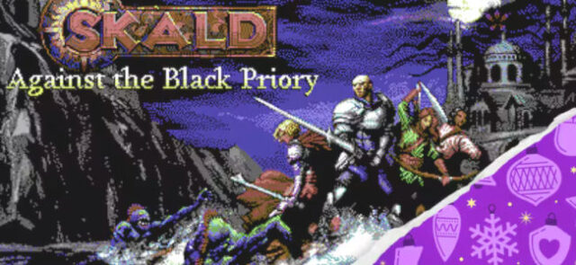 kald-against-the-black-priory-jeu-gratuit-epic-games n groupe d'aventuriers en pixel-art explore une abbaye dans le jeu de rôle SKALD Against the Black Priory