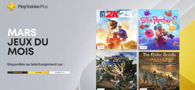 PlayStation Plus Essential mars 2026 - 4 jeux gratuits dont Monster Hunter Rise disponibles le 3 mars PlayStation Plus Essential mars 2026 avec Monster Hunter Rise, PGA Tour 2K25, Slime Rancher 2 et The Elder Scrolls Online Collection Gold Road
