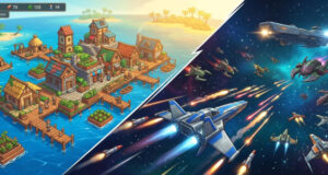 Havendock ville flottante océanique colorée et Hyper Echelon vaisseau spatial pixel art combat, deux jeux gratuits Epic Games Store jusqu'au 2 avril 2026
