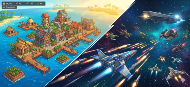 Havendock Hyper Echelon gratuits Epic Games avril 2026 Havendock ville flottante océanique colorée et Hyper Echelon vaisseau spatial pixel art combat, deux jeux gratuits Epic Games Store jusqu'au 2 avril 2026
